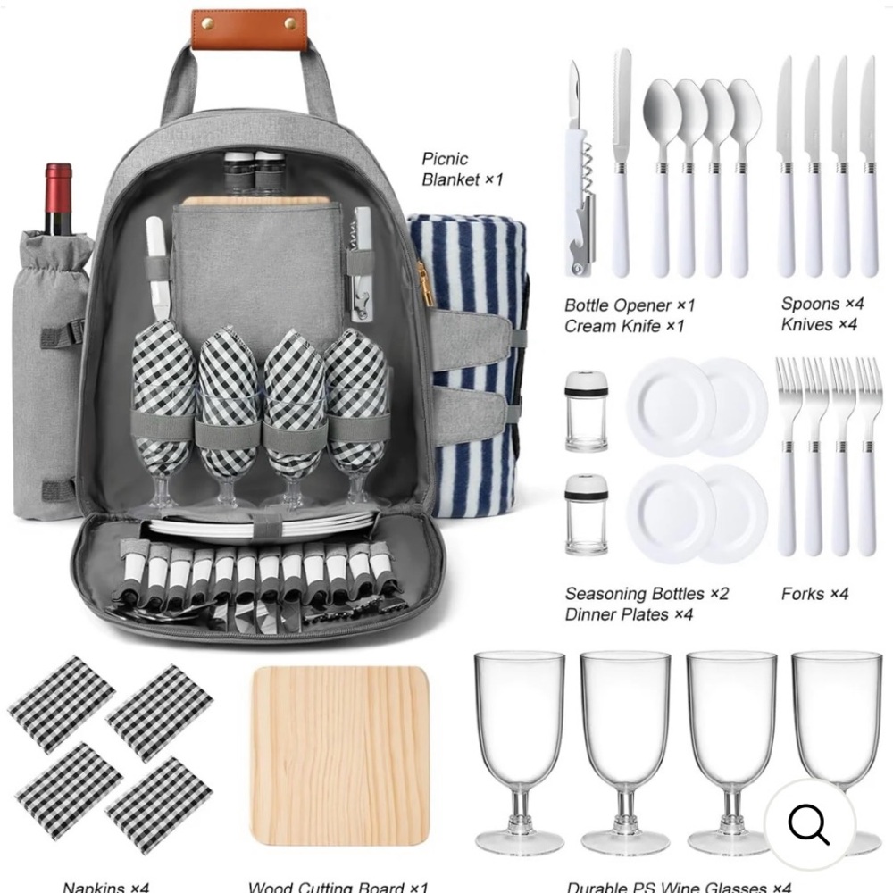 NWT Sunflora Gray Picnic Backpack Set with Tableware and Blanket